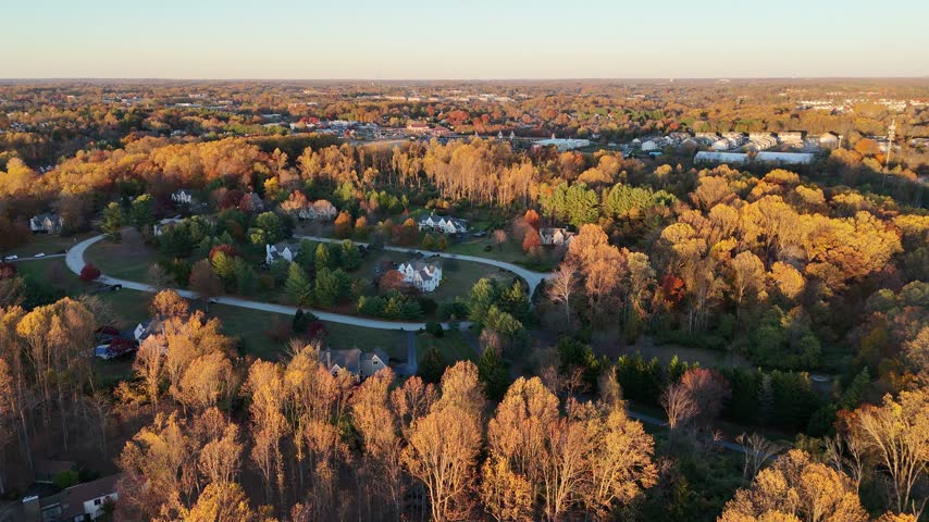 Aerial view of colorful autumn neighborhood in Chadds Ford, Pennsylvania suburb near Philadelphia