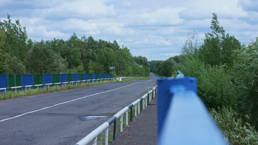 Drone view of highway with blue guardrail and forest, Byten Belarus