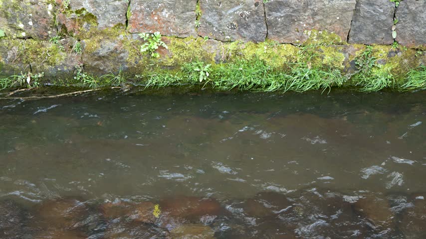 Clear fresh water flows rapidly along a stone lined canal bordered with green moss.