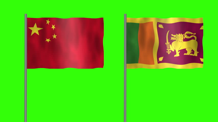 Flag of Srilanka and China, Pole flag of Srilanka and China on Green screen chroma key, Srilanka and China flag waving.

