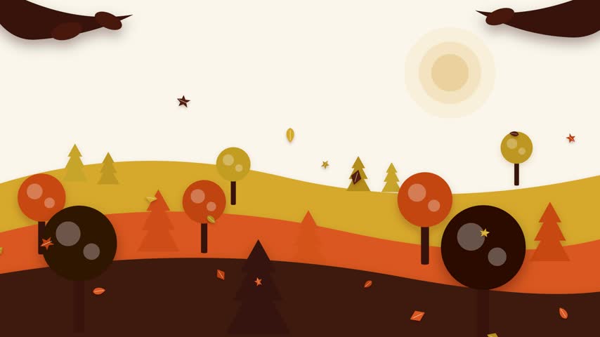 Stylized autumn landscape with falling leaves in flat design