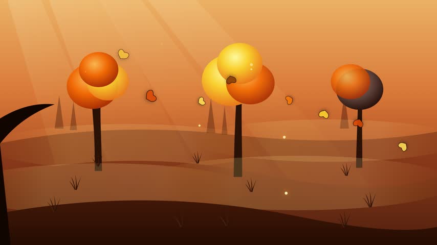 Stylized autumn landscape with falling leaves and warm sunbeams