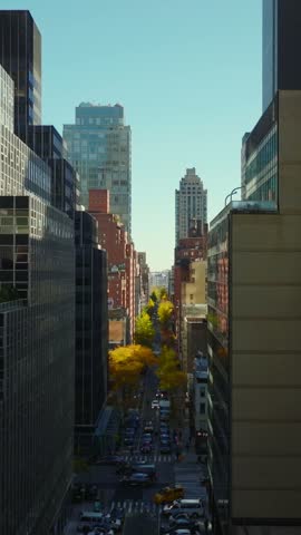 Vertical video: Tall office or apartment buildings in town. Sunny autumn day in large city. Manhattan, New York City, USA