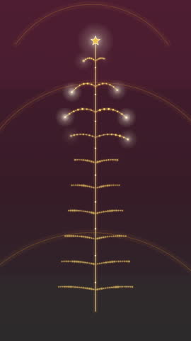 Vertical motion graphic of a ten-tier gold Christmas tree sweeping branches up through burgundy and charcoal in a seamless loop for mobile format use