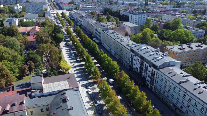 Aerial view along Aleje Najswietszej Maryi Panny through the center of Czestochowa Poland