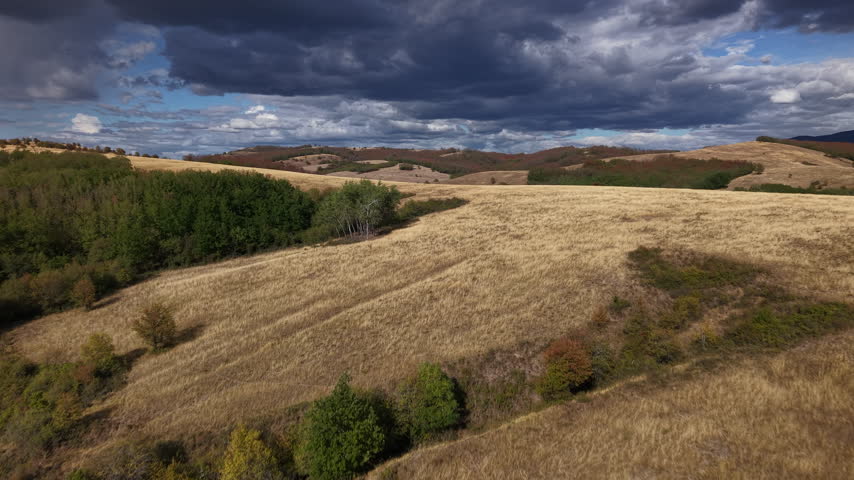 An expansive aerial view of dry golden grasslands and autumn forests under a dramatic sky with heavy dark storm clouds.