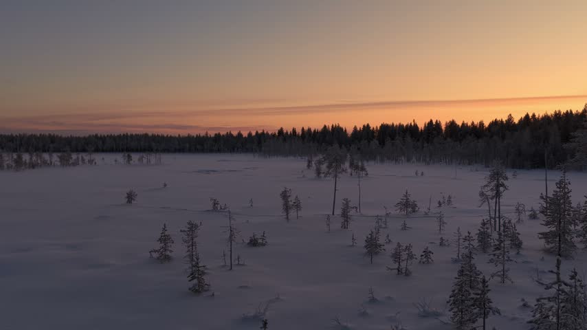Scenic winter aerial over snow-covered bog landscape in Pyhä Lapland at kaamos