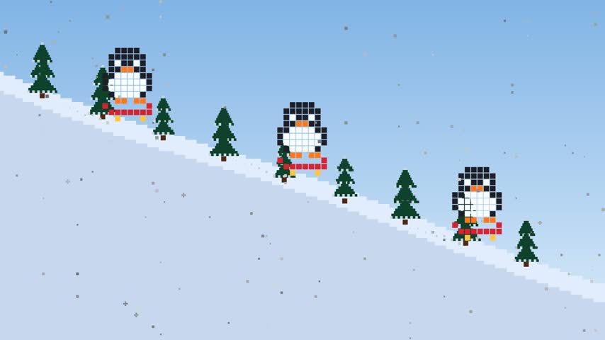 Cute pixel art penguins sliding down a snowy hill on red sleds past pine trees, playful retro winter game scene