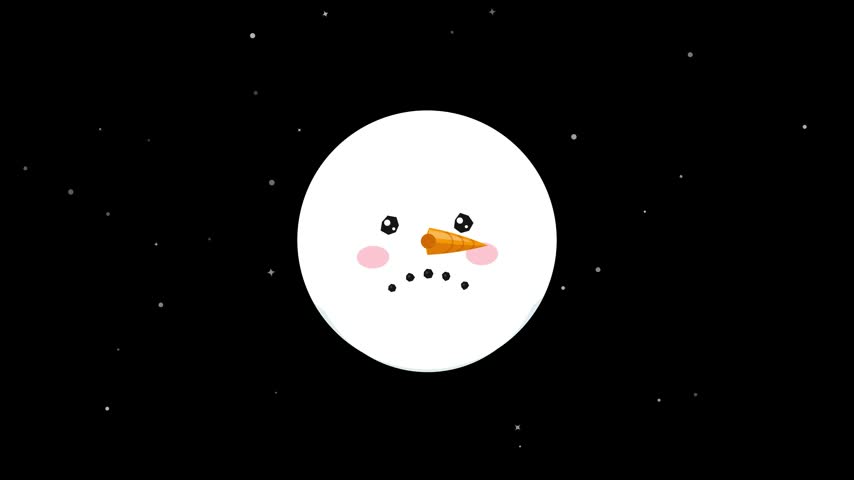 A charming animated snowman face floats against a dark background with falling snowflakes. The circular character features a bright orange carrot nose and a cheerful, smiling expression with rosy cheeks.
