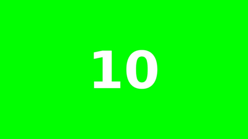 Countdown timer glitch purple 10 to 1 on green screen. Code-rendered 10 to 1 countdown timer, glitch purple style, on a pure green chroma key background.