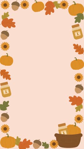 Cute Animated Autumn Fall Harvest Vertical Border Background with Pumpkin, Honey Jar, Acorn and Oak Leaves Clipart