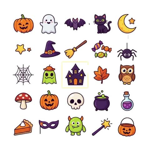 A festive collection of colorful Halloween-themed vector icons featuring pumpkins, ghosts, bats, black cats, witch hats, spiders, haunted houses, skulls, and potion bottles. This charming set captures the playful and spooky spirit of the holiday, perfect for creative design projects, seasonal decorations, digital invitations, and festive web graphics during the autumn season.