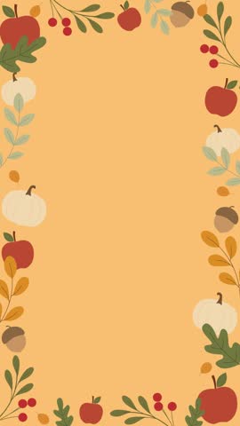 Cute Animated Fall Harvest Vertical Border Background with Apples, White Pumpkins, Acorns and Berries Clipart