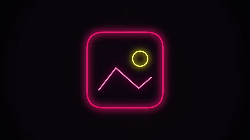 Abstract neon sign of mountain and sun, glowing, dark background.