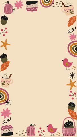 Cute Animated Boho Autumn Vertical Border Background with Pink Pumpkin, Cute Bird, Coffee Mug and Rainbow Clipart