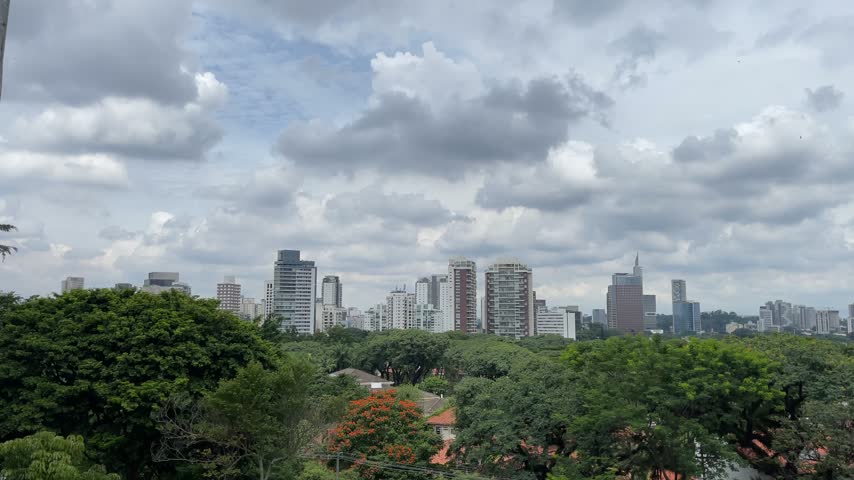 Cityscape of Sao Paulo Brazil with tall buildings and lush greenery