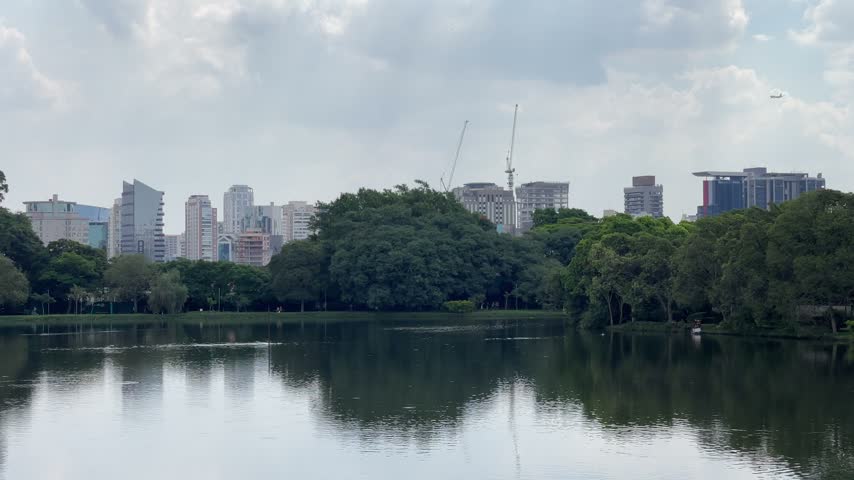 City skyline of Sao Paulo Brazil with a calm lake and greenery