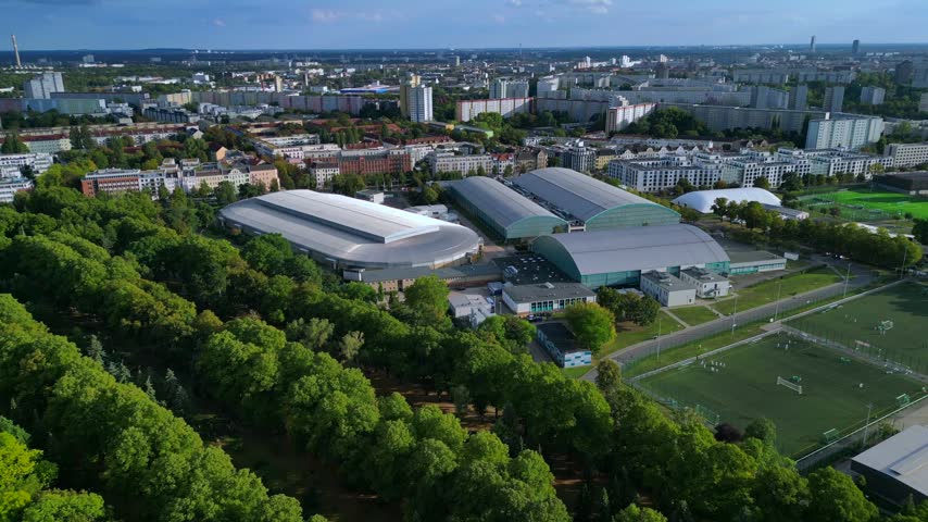 Ice Sports Hall Arena at Sportforum complex Berlin. Great aerial view drone
