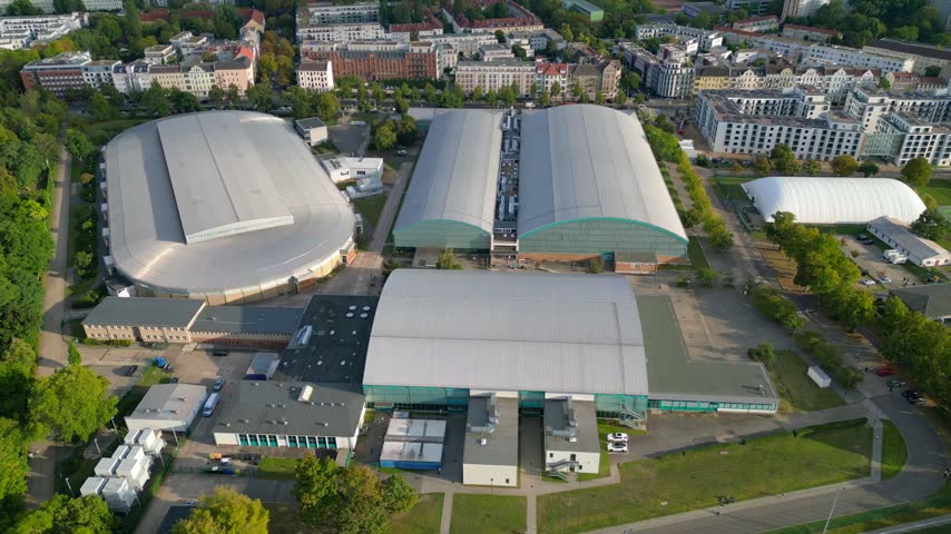 Ice Sports Hall Arena at Sportforum complex Berlin. Magic aerial view drone