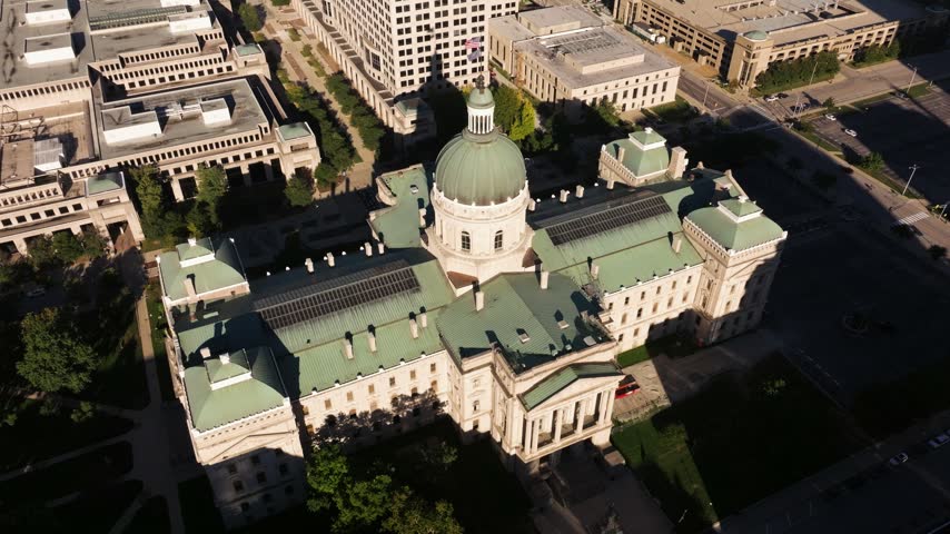 Drone Descends to Reveal Indiana State Capitol Building. Summer Sunrise