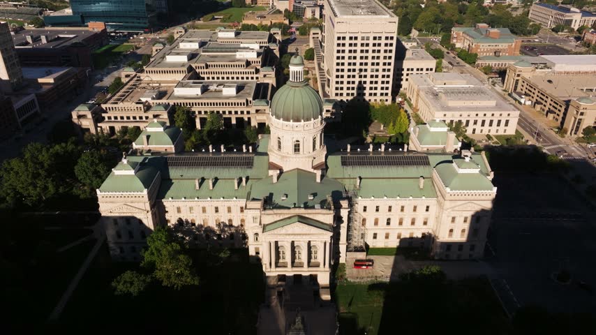 Forward Drone Shot Above Indiana State Capitol Building. Sunrise in Indianapolis