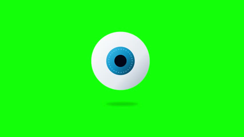 Animated blue eyeball graphic moving smoothly against a vibrant green screen backdrop motion video