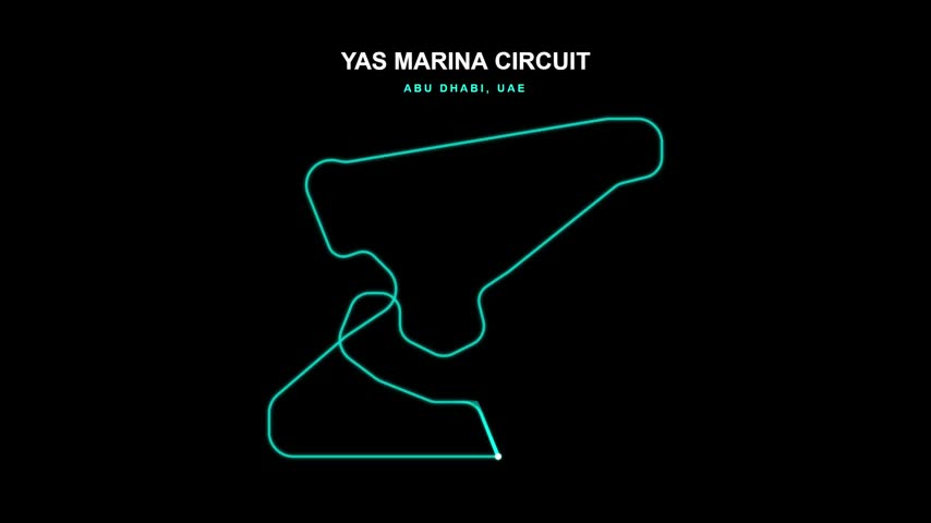 A minimalist digital vector illustration showing the overhead layout of a grand prix race track circuit in Abu Dhabi, presented on a dark background.