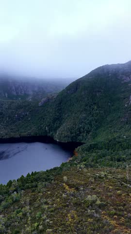 Dove Lake Cradle Mountain tourism landmark attraction in Tasmania – aerial landscape.