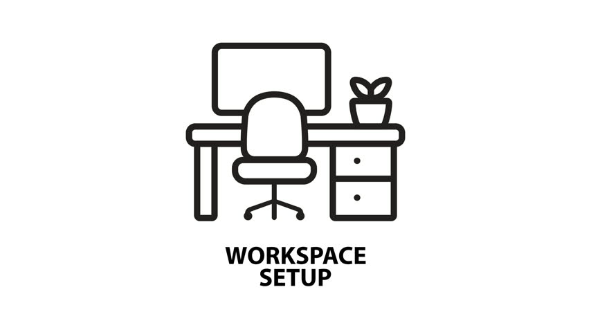 Line art icons of office desk, computer, chair, and houseplant for workspace designs. Perfect for business and officerelated projects.