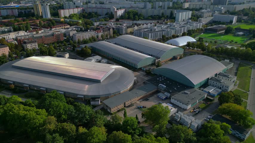 Ice Sports Hall Arena at Sportforum complex Berlin. Fantastic aerial view drone