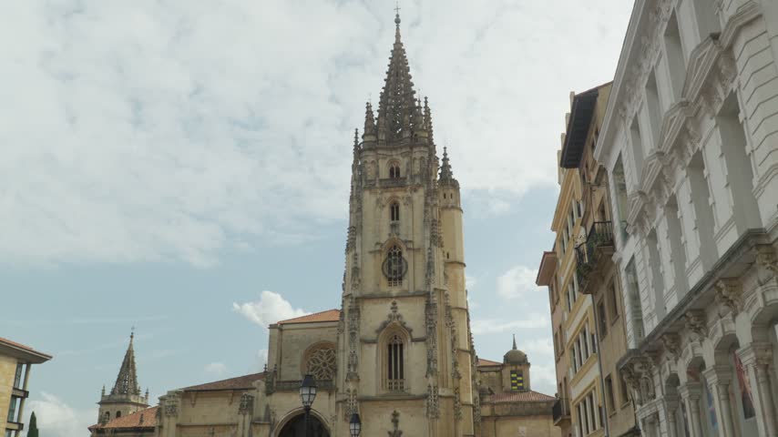 Majestic view of the historic gothic Cathedral of Oviedo and its bell tower in Asturias