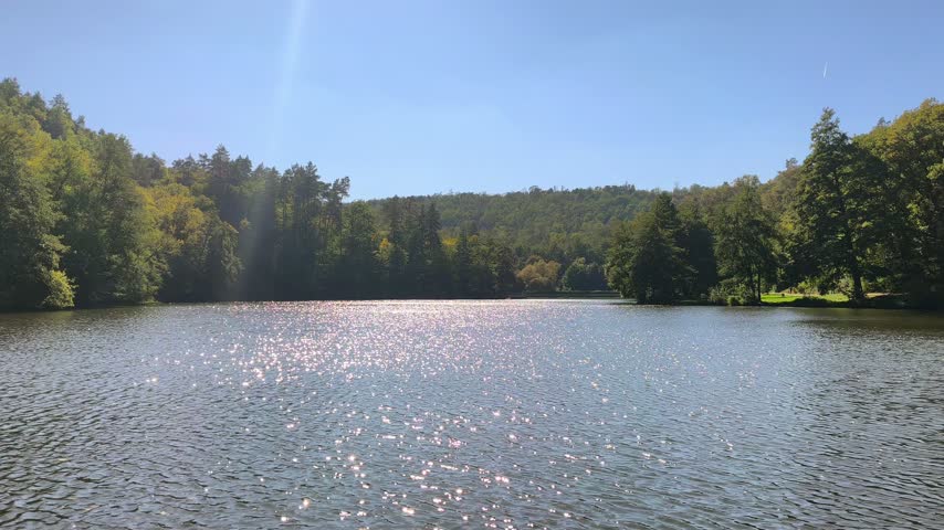 Sunlight glittering on calm forest lake surface in backlight
