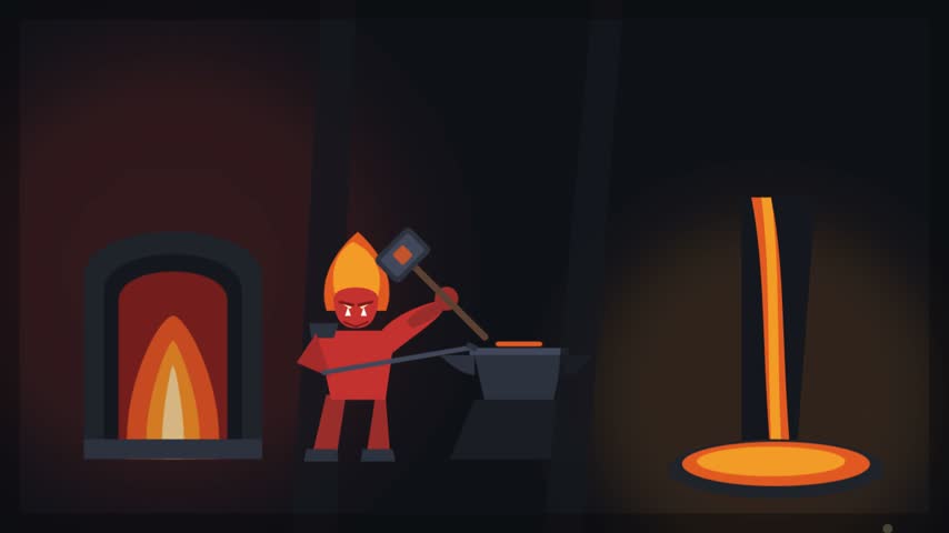 Animated blacksmith working with molten metal in a forge