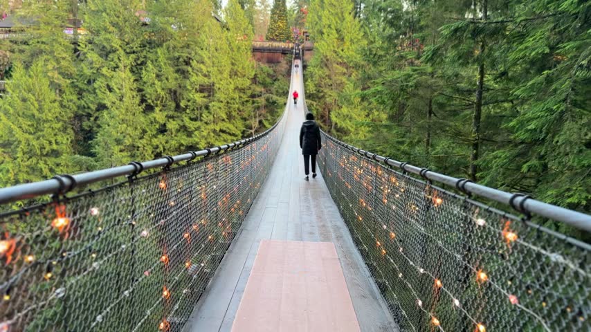 People crossing the famous Capilano Suspension Bridge over a forested canyon in Vancouver, viewed from behind, with Christmas lights and tall evergreen trees.
