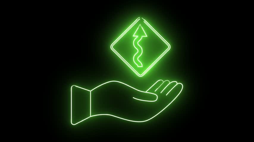 A neon green hand holds a neon green diamond sign with a wavy arrow pointing upwards, symbolizing growth and progress.