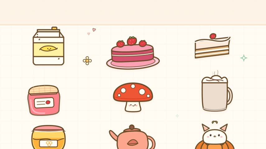 A collection of adorable kawaii-style icons featuring food, drinks, and cute elements like mushrooms and jars.