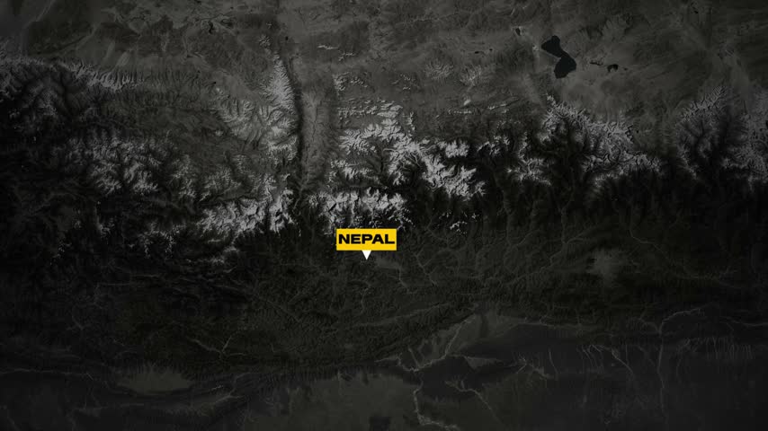 Animated map of Nepal with major river lines drawn and highlighted across the country on a dark background.