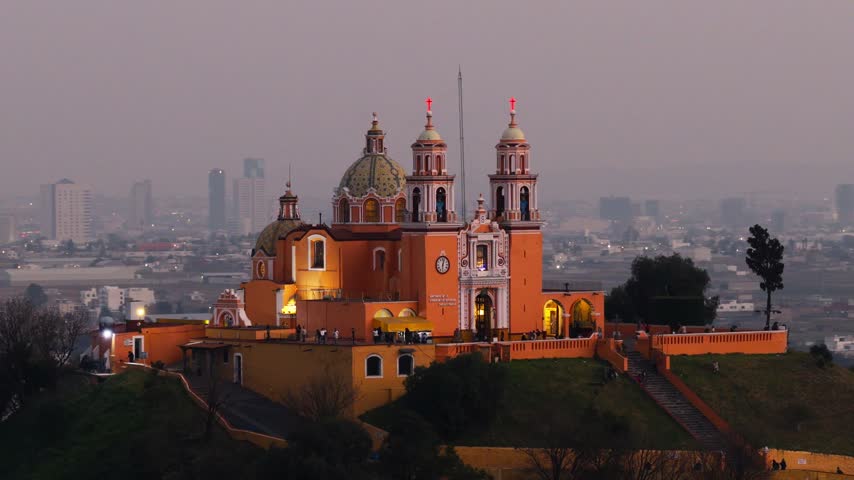 Aerial view of the Santuario de la Virgen de los Remedios atop a hill in Cholula, Puebla, Mexico.