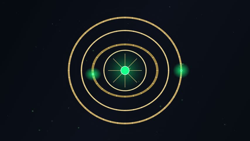 Bright green central core glowing amidst concentric golden rings rotating outward against a dark space background with floating dust particles.