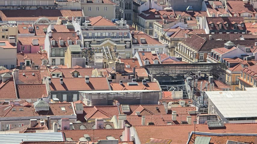 Panoramic view over downtown and the Elevador de Santa Justa in Lisbon, Portugal