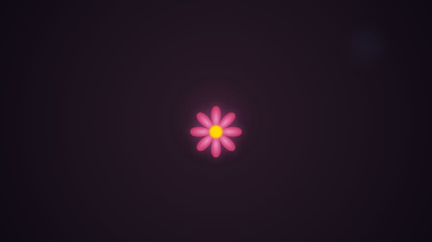 A vibrant pink 3d flower with a yellow center appears against a dark purple backdrop.