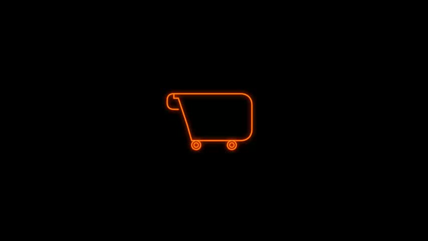 Vibrant orange neon outline forms modern shopping cart symbol centered horizontally. Luminous curved lines cast warm radiance against endless empty void. Minimalist graphic illustration pulses softly featuring energetic light intensity. Smooth digital motion creates clean retail commerce concept presentation element brilliantly displaying striking creative aesthetic flair.