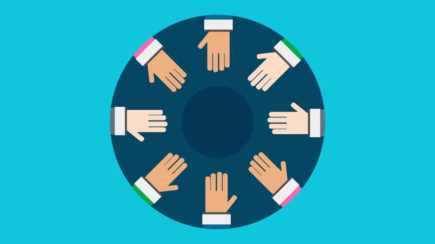 An animated vector concept showing multiple hands forming a unified circle to represent teamwork and collaboration.