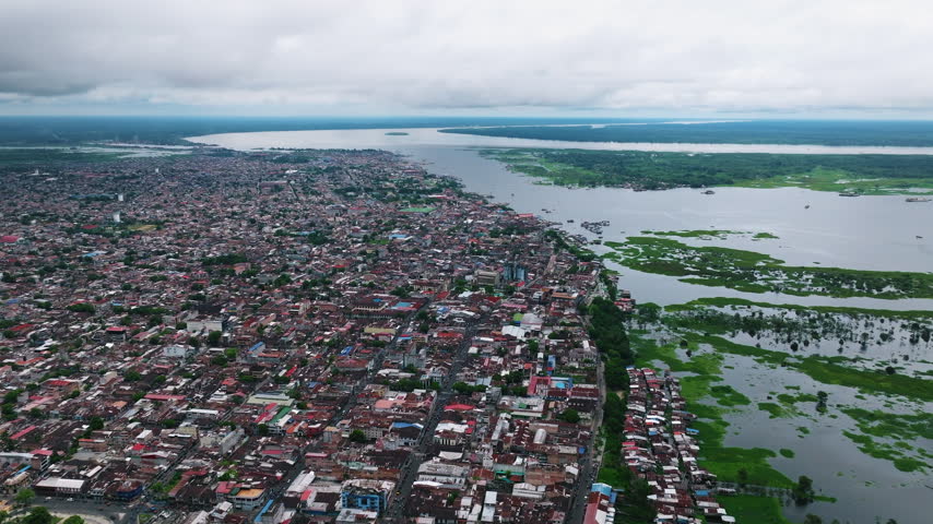 Iquitos City and Amazon Floodplain in Peru Aerial View