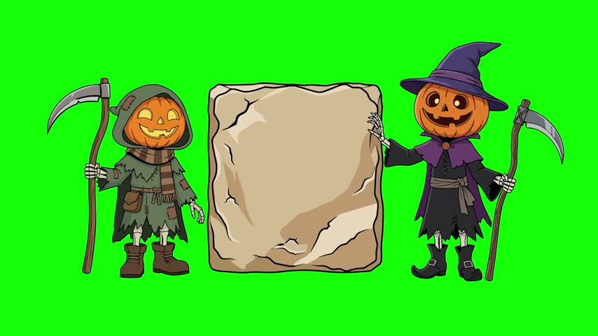2D Halloween animation of two cartoon pumpkin head skeleton characters with scythes standing next to a blank stone sign. Halloween template with copy space on a green screen chroma key background.