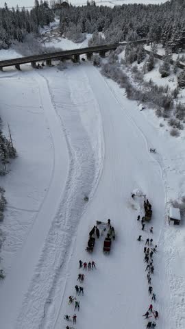 Vertical aerial view of a snow covered trail and small bridge winding through a winter forest.