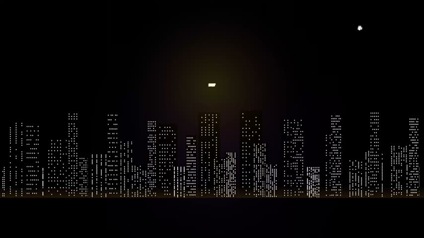 A minimalist digital illustration of a city skyline at night with illuminated windows against a dark sky and a bright moon.