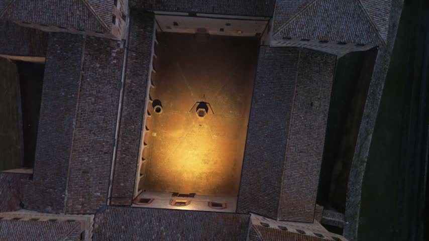 Torrechiara Castle aerial view of 15th century Italian fortress at sunset epic monument to power and eternal love story cinematic camera movement Parma region