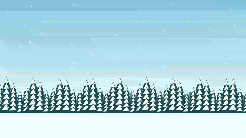 A seamless looping horizontal animation of snowy pine trees against a light blue sky with falling snowflakes, creating a peaceful winter holiday atmosphere.