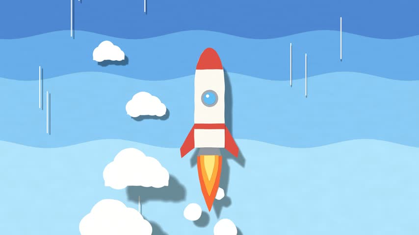 Paper cut style rocket flying up through the clouds, challenge and startup concept, seamless loop